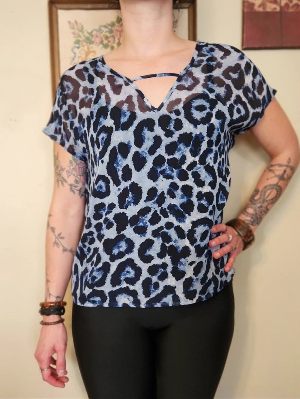 Vintage 2000s Blue Leopard Print Cutout Blouse